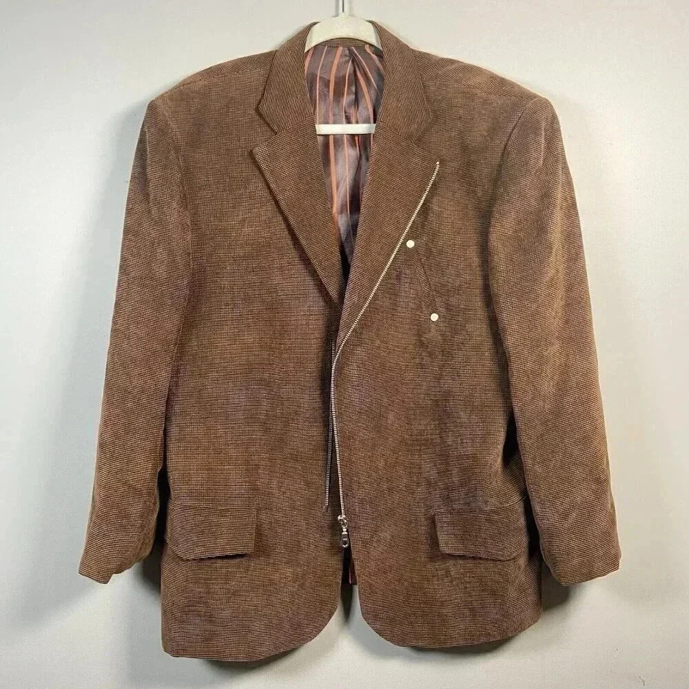Venezzi Sport Coat L Brown Lined‎ Textured Cosplay Eclectic Zipper Fall Business